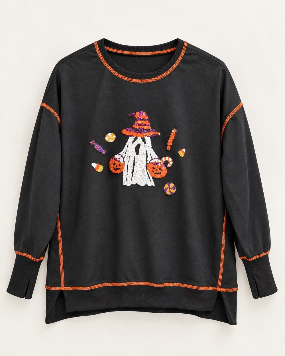 Halloween Sequin Ghost Sweatshirt Womens S Black Orange Candy NWOT